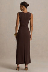 Fiora | Brown High-Neck Maxi Dress With Metal Detail
