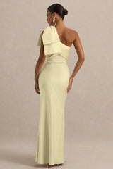 Valerie | Lemon Satin Asymmetric-Neck Maxi Dress With Bow Detail