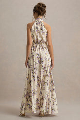 Talia | Lemon Floral Print High-Neck Split Maxi Dress With Bow