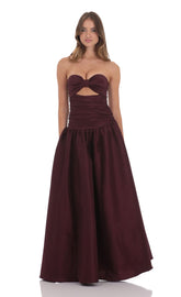 Cutout Drop Waist Strapless Maxi Dress in Wine