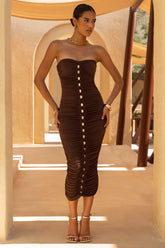 Spontaneity | Brown Bandeau Ruched Midi Dress