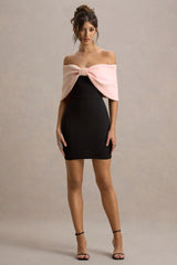 Sadie | Black & Pink Bow Bardot Mini Dress