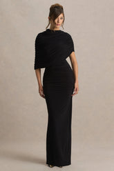 Glitz | Black High-Neck Maxi Dress With Cape Sleeve and Ruched Detail