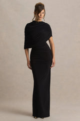 Glitz | Black High-Neck Maxi Dress With Cape Sleeve and Ruched Detail