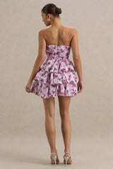 Swirl | Cream Floral Print Bandeau Puffball Mini Dress With Ruffle Detail