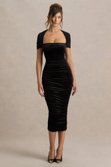 Chrissy | Black Velvet Square-Neck Midi Dress With Mesh-Sleeves And Ruched Detailing