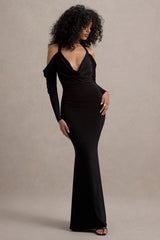 Hurghada | Black Plunge-Neck Long-Sleeve Maxi Dress