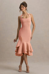 Arla | Pink Halter Neck Ruffle Trim Midi Dress