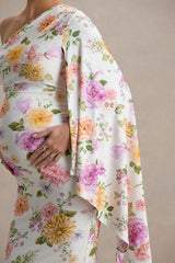 Aliana | Peach And Lilac Floral Print Asymmetric Maternity Maxi Dress With Ruched Detailing