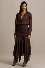 Kris | Brown Plunge-Neck Maxi Dress With Ruched Detailing