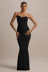 Talisa | Black Ruched Fishtail Maxi Dress With Mesh Hem
