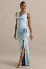 Pure Affection | Powder Blue Cowl-Neck Maxi Dress With Ruched Detailing And Front High Split