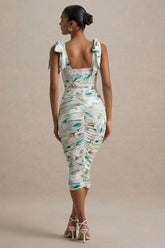 Cordelia | Green Floral Print Bodycon Midi Dress With Bow Straps