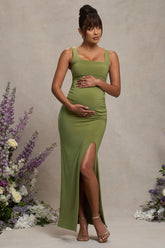 Avril | Olive Square Neck Maternity Maxi Dress with Split