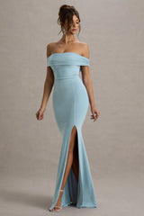 Law of Attraction | Powder Blue Bardot Draped Split Maxi Dress