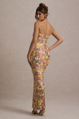 Vitora | Pastel Floral Print Sequin Square-Neck Maxi Dress