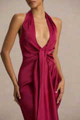Lynette | Burgundy Satin Plunge-Neck Asymmetric Maxi Dress