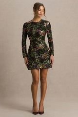 Moonlit | Winter Floral Mesh And Sequin Crew-Neck Mini Dress