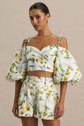 Amberly | White Linen Botanical Print Plunge-Neck Ruffled Crop Top