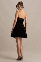 Mina | Black Velvet And Satin Bandeau-Neck Skater Mini Dress