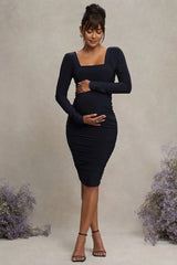 New Life | Navy Maternity Square Neck Ruched Midi Dress