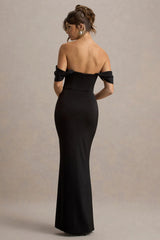 Annie | Black Satin Bardot Maxi Dress With Split Wrap Skirt
