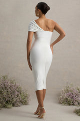Admired | White Ruched One-Shoulder Maternity Midi Dress