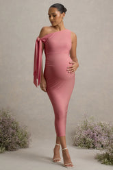 Katarine | Pink Asymmetric Knot Maternity Midi Dress