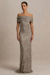 Melina | Champagne Sequin Bardot-Neck Maxi Dress