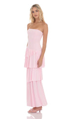 Strapless Asymmetrical Ruffle Maxi Dress in Pink