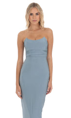 Strapless Corset Sequin Butterfly Maxi Dress in Blue