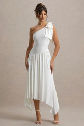 Lotus Love | White One-Shoulder Hanky-Hem Maxi Dress With Bow