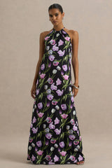 Svana | Black Satin Floral Asymmetric Halter-Neck Maxi Dress