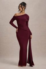 Valina | Burgundy Ruched Asymmetric Maxi Dress With Drape