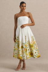 Ivory | Sunflower Print Bandeau High-Low Midi Dress