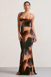 Phantasy | Orange Smoke Print Asymmetric Neckline Cowl Maxi Dress
