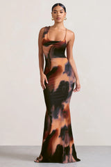 Phantasy | Orange Smoke Print Asymmetric Neckline Cowl Maxi Dress