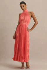 Tulip | Coral Pleated High-Neck Midi Dress