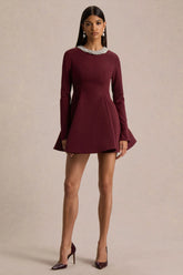 Eletta | Burgundy Embellished High-Neck Mini Dress