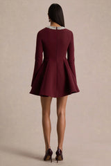 Eletta | Burgundy Embellished Crew-Neck Mini Dress
