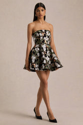 Sparky | Black And Bronze Floral Embellished Bandeau-Neck Mini Dress