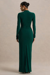 Eden | Bottle Green High-Neck Maxi Dress With Ruched Detailing