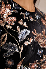 Lyric | Black Floral Velvet And Sequin High-Neck Maxi Dress