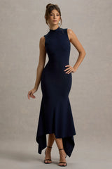 Janice | Navy High-Neck Hanky-Hem Maxi Dress