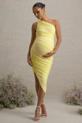 Late Night | Lemon Maternity Ruched One Shoulder Midi Dress