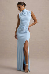 Lanetta | Powder Blue Ruched High-Neck Maxi Dress With Split