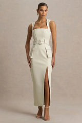 Sandra | Nude Square-Neck Tailored Maxi Dress With Front-High Split