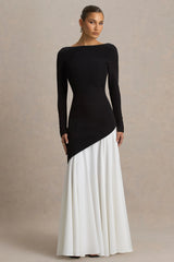 Caty | Black And White Long-Sleeved Maxi Dress With Drop-Waist And Ruffled Detailing