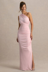 Daphne | Pink Asymmetric-Neck Maxi Dress With Ruched Detailing