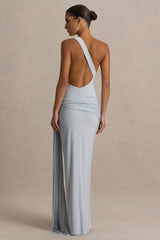 Bonnie | Blue Asymmetric-Neck Maxi Dress With Ruched-Detailing